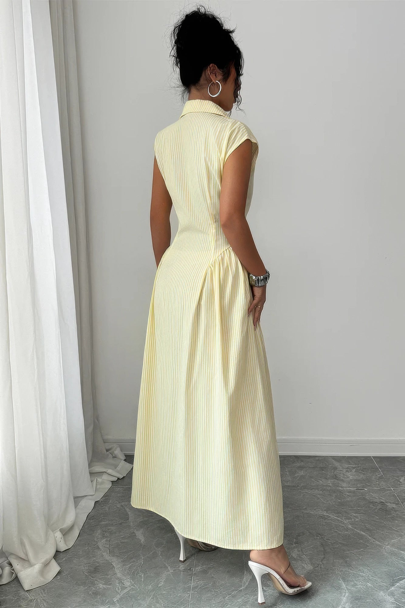 Front Slit Collar Cap Sleeve Ruched Waist Long Dress