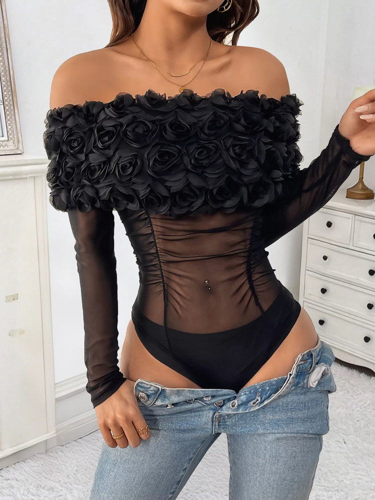Black flower off-shoulder mesh bodysuit from ALMA VENN Intimate Night