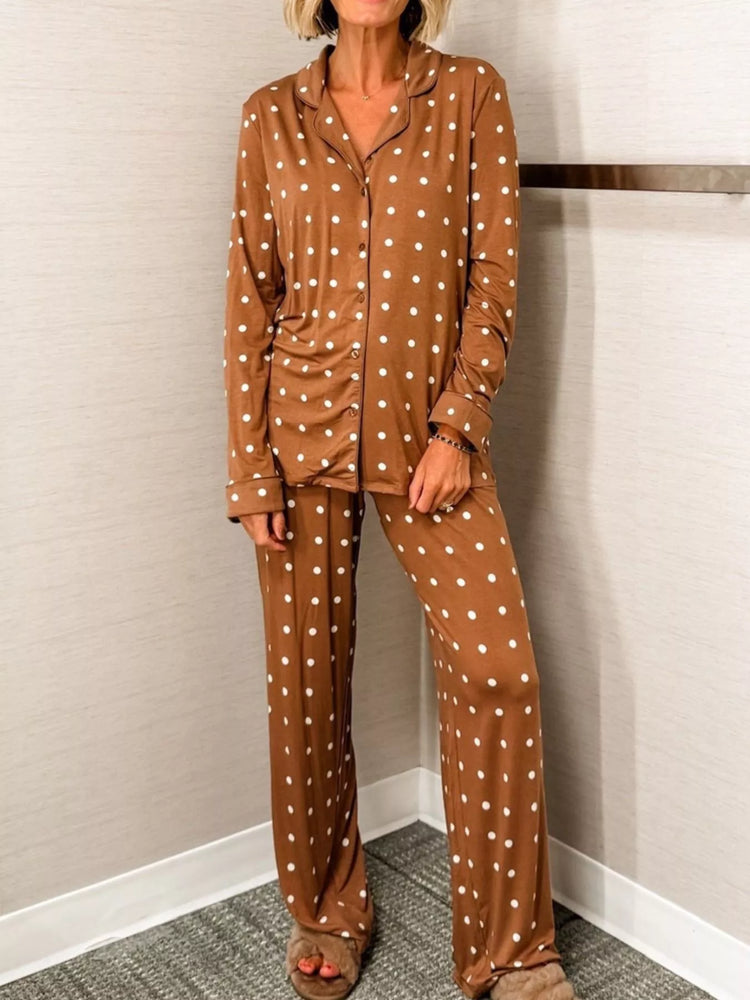 Caramel polka-dot button-down pajama set from ALMA VENN