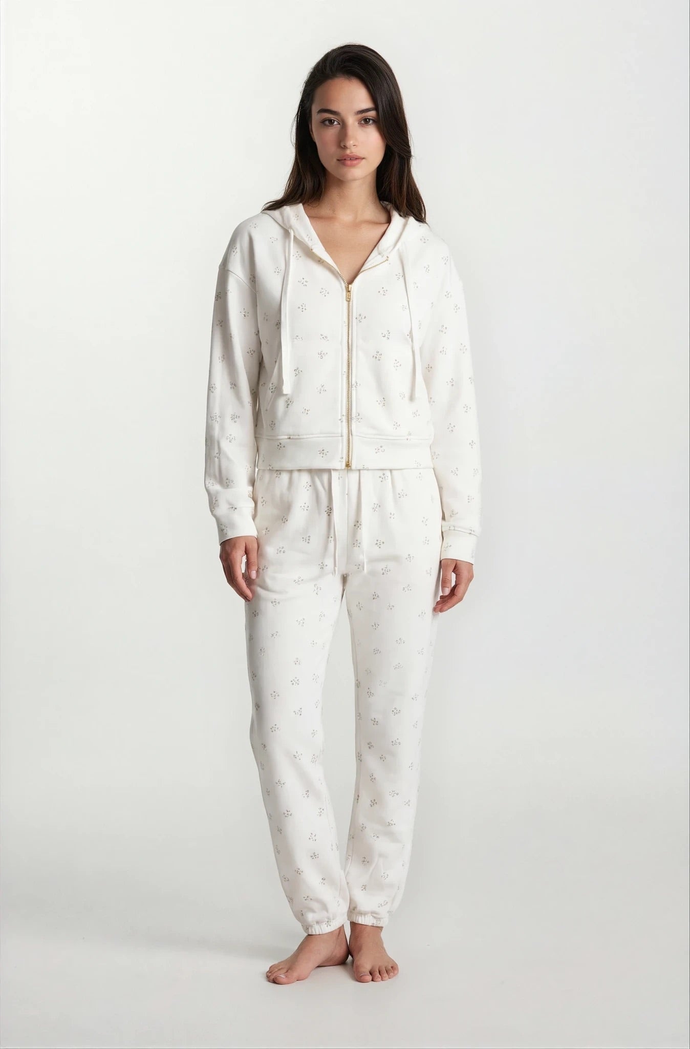Camille – Cotton Signature Print Zip Hoodie & Jogger Leisure Set 2PC In Floral