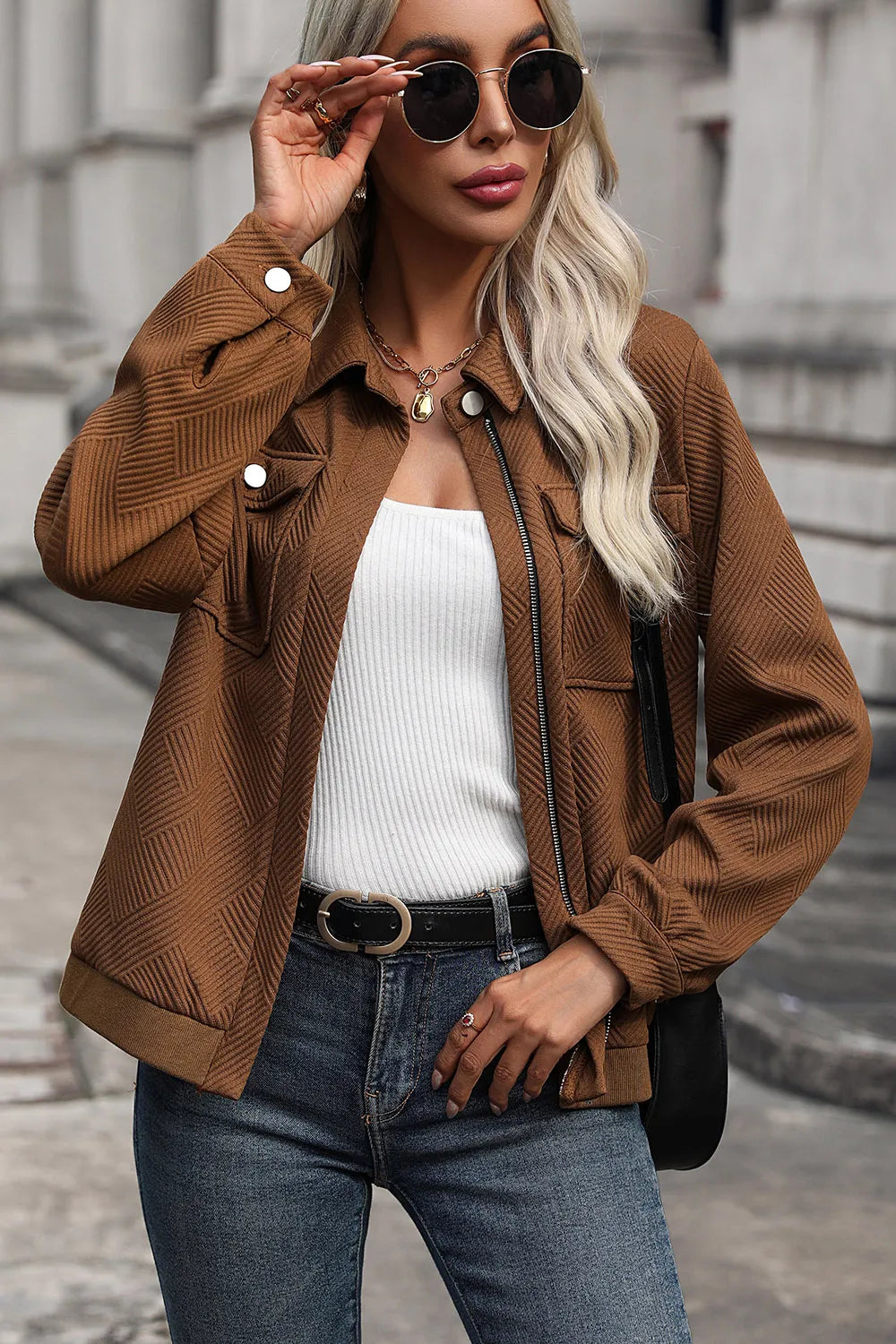 Textured zip-front pocket jacket