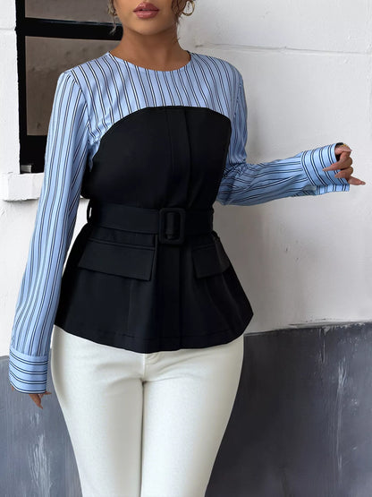 Striped bow-neck blouse with contrast bodice