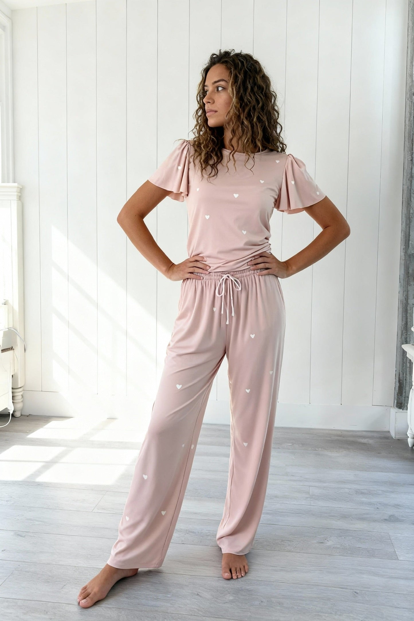 Heartfull PJ – Silky Printed Pajama Set 2PC In Blush Hearts