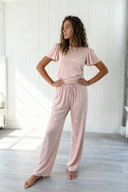 Heartfull PJ – Silky Printed Pajama Set 2PC In Blush Hearts