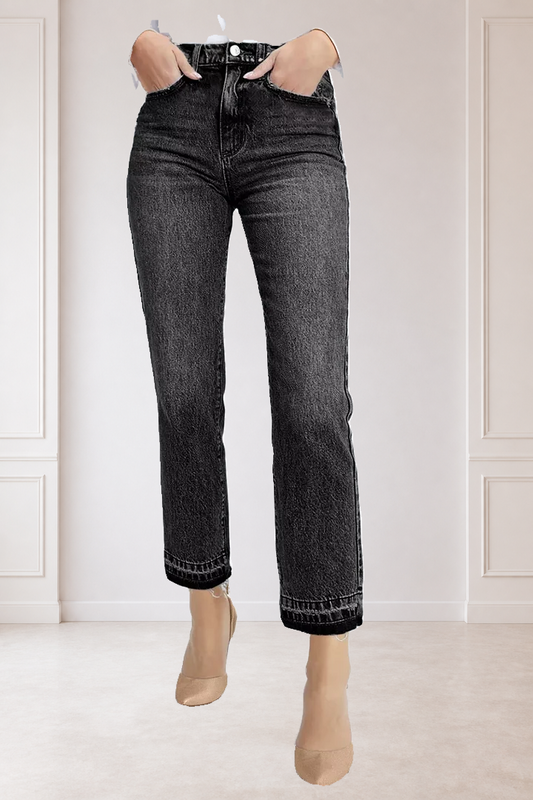 High-Waisted Distressed Hem Straight Leg Jeans