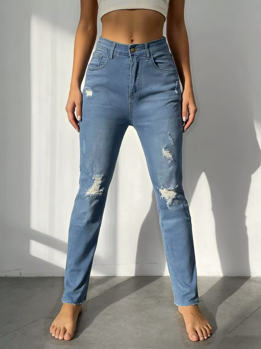 High-Waisted Distressed Jeans