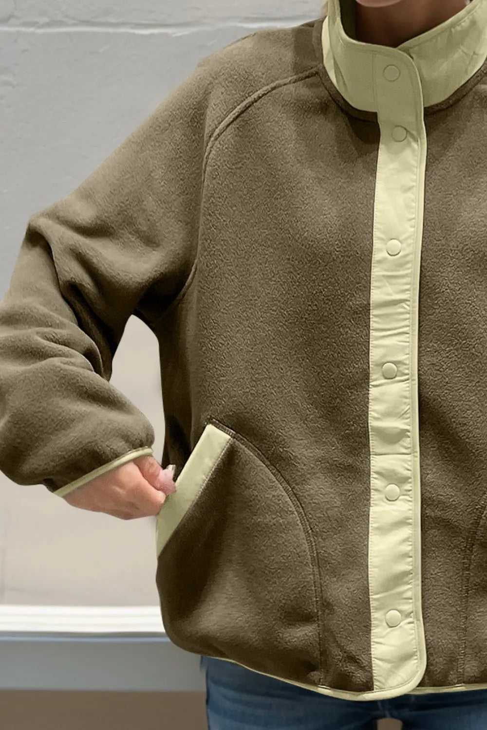 Contrast-trim snap-front fleece jacket