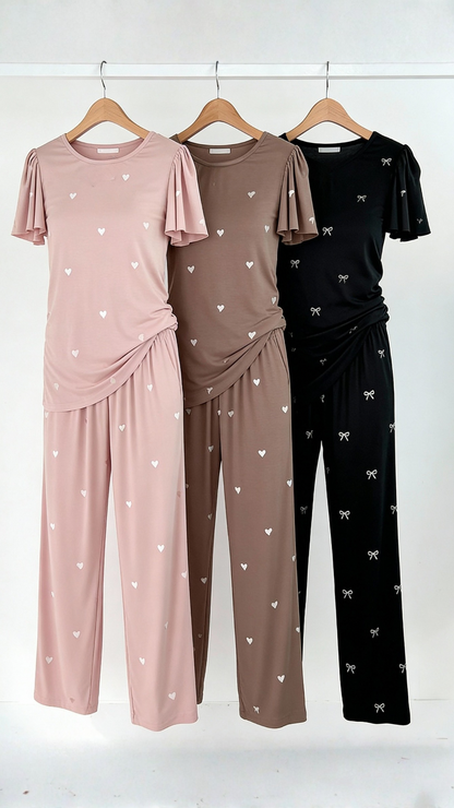 Heartfull PJ – Silky Printed Pajama Set 2PC In Blush Hearts