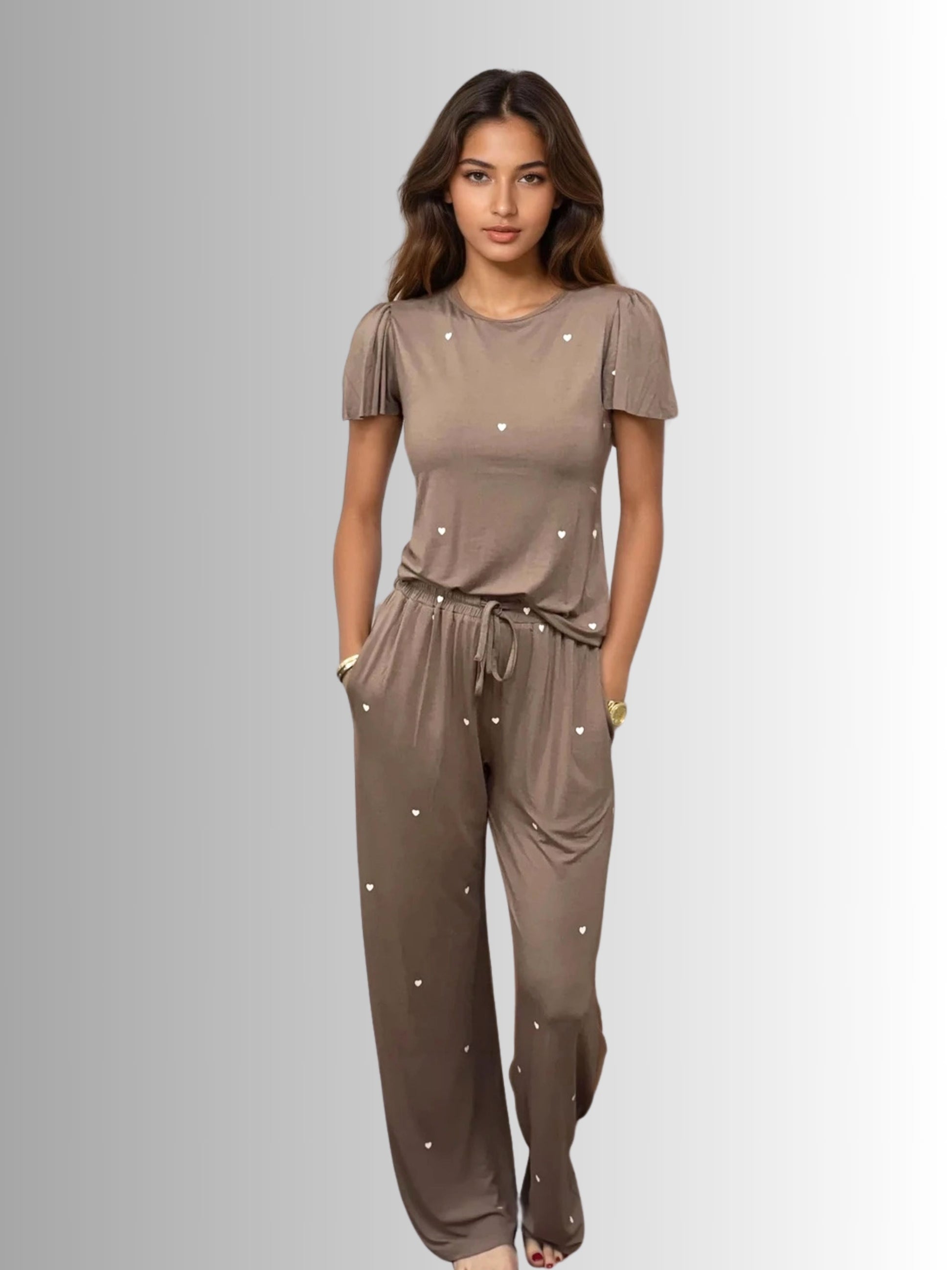 Heartfull PJ – Silky Printed Pajama Set 2PC In Mochacinno Hearts