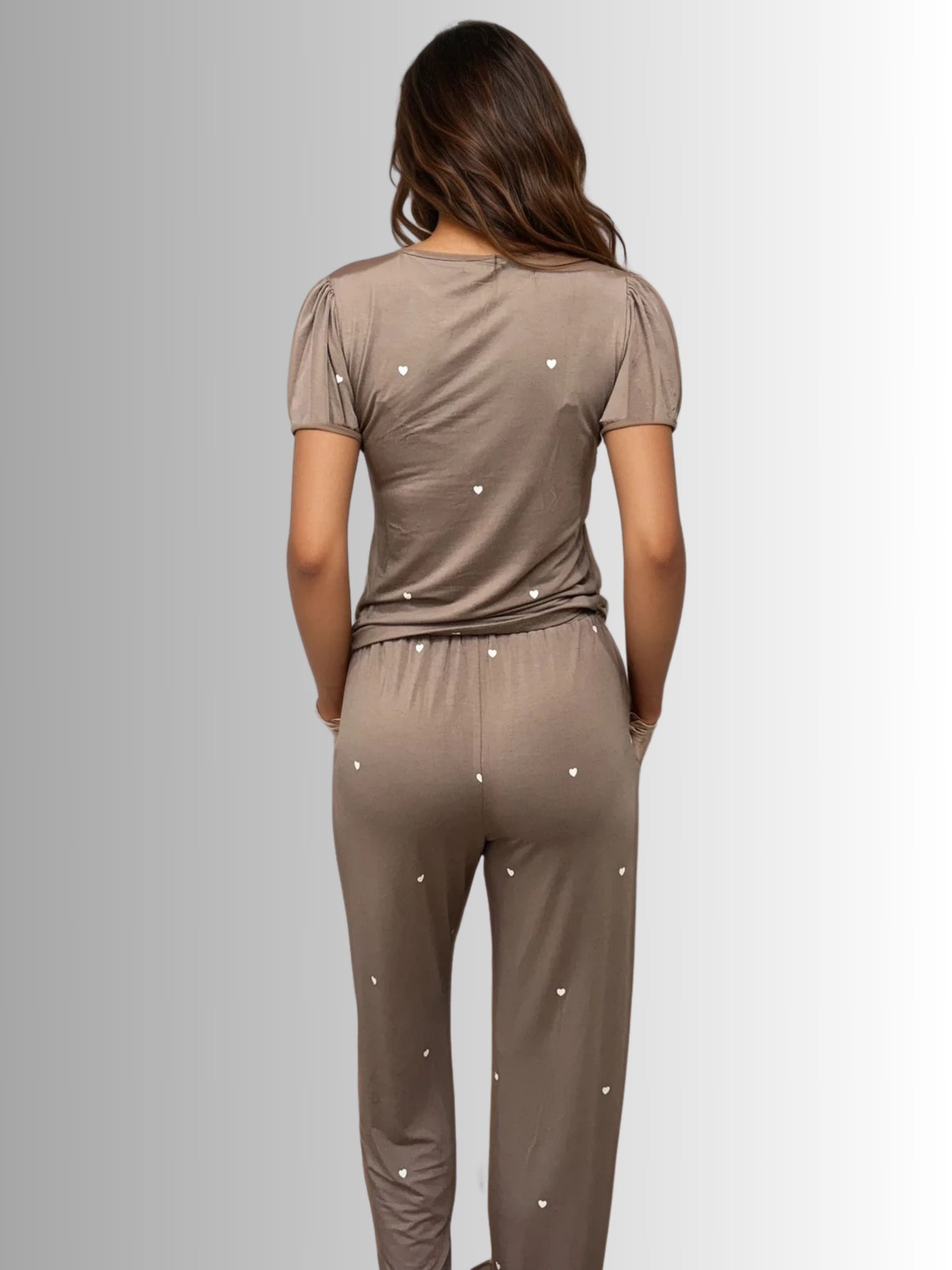 Heartfull PJ – Silky Printed Pajama Set 2PC In Mochacinno Hearts