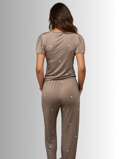 Heartfull PJ – Silky Printed Pajama Set 2PC In Mochacinno Hearts