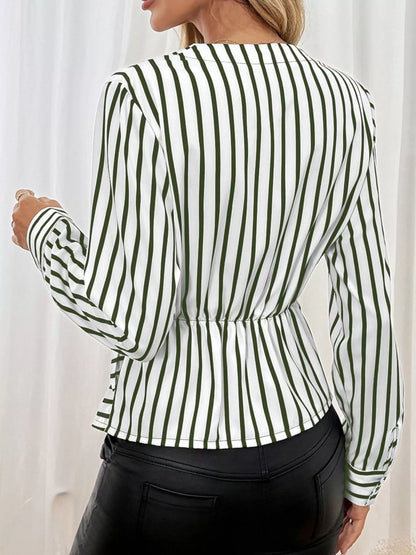 Striped crossover tie-waist blouse