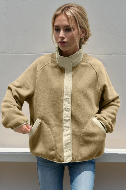 Contrast-trim snap-front fleece jacket