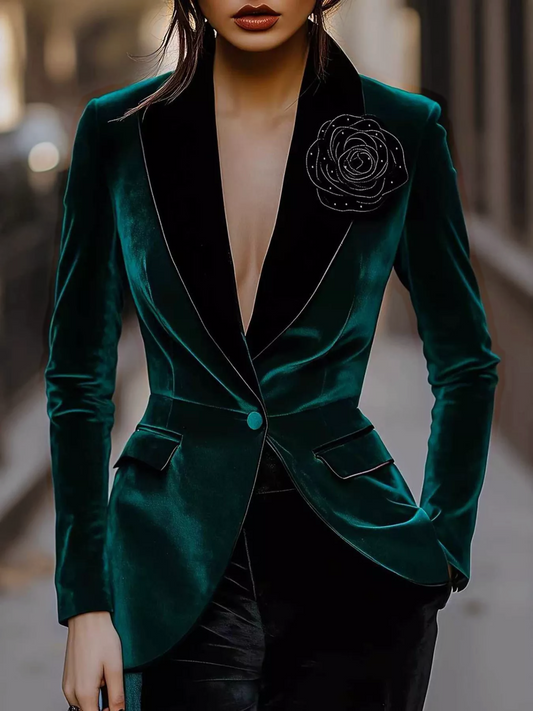 The Emerald Velvet Rose Blazer