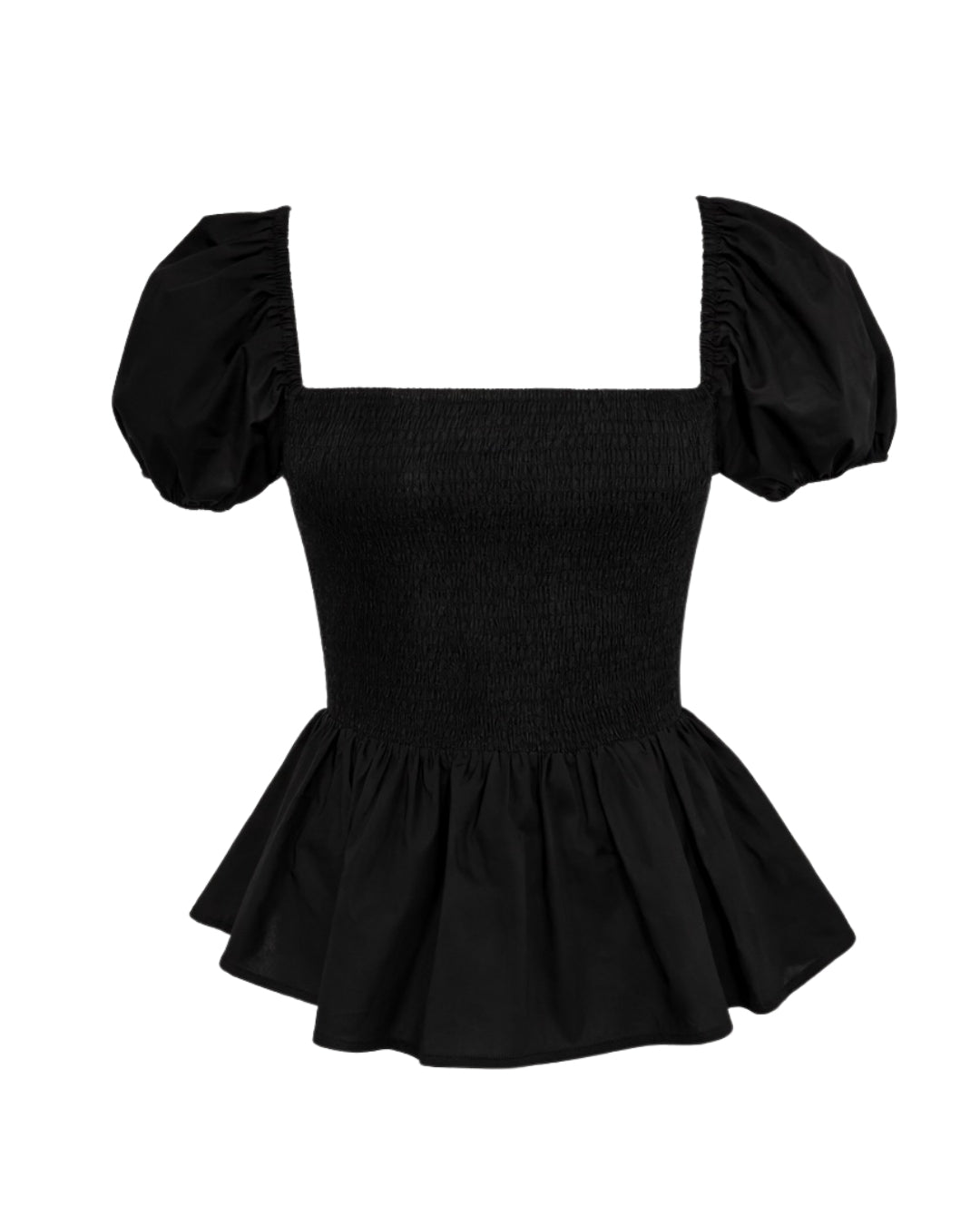 Sera – Cotton Poplin Puff Sleeve Peplum Blouse Top In Black