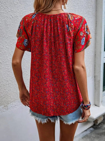 Floral-print tie-neck blouse