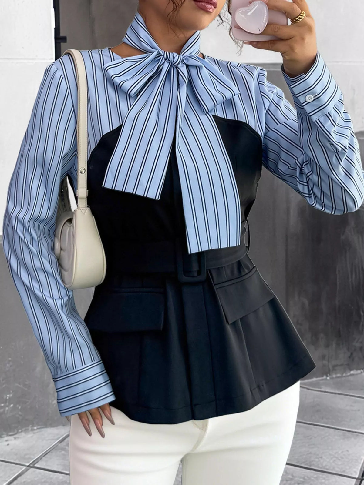 Striped bow-neck blouse with contrast bodice
