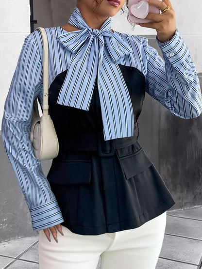 Striped bow-neck blouse with contrast bodice