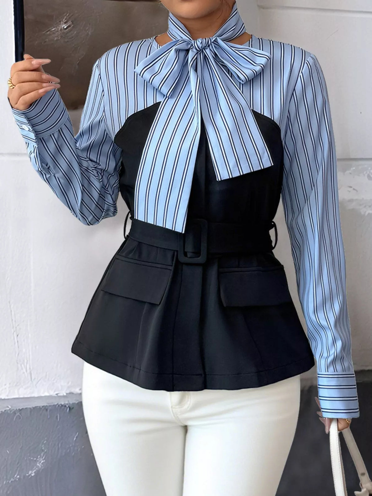 Striped bow-neck blouse with contrast bodice