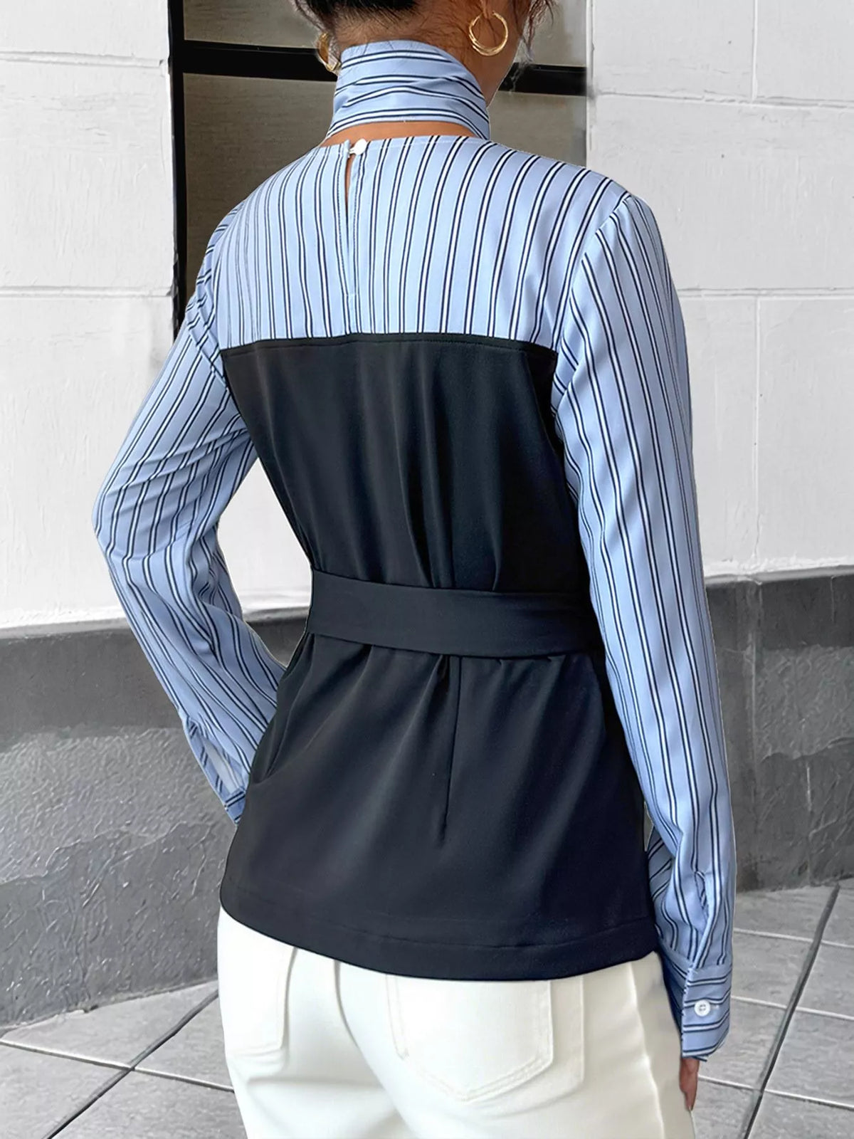 Striped bow-neck blouse with contrast bodice
