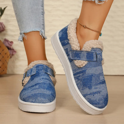 Lined denim-look buckle shoes