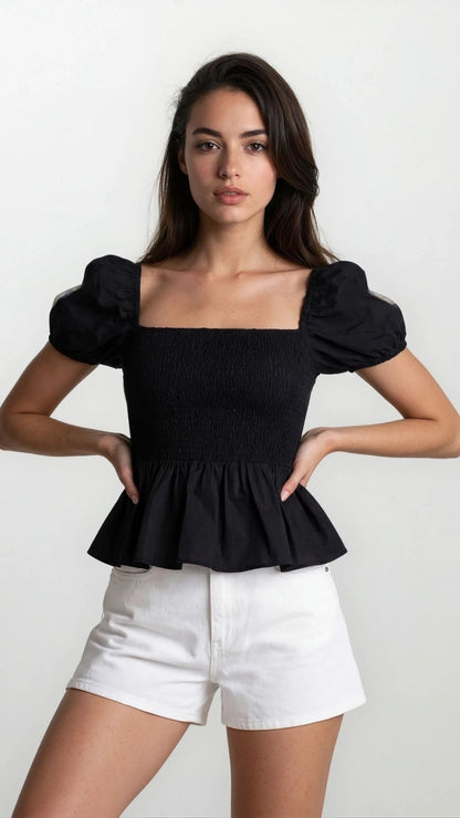 Sera – Cotton Poplin Puff Sleeve Peplum Blouse Top In Black