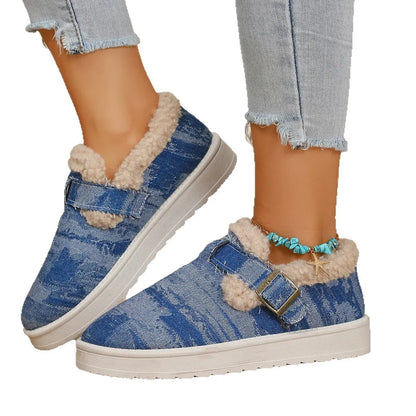 Lined denim-look buckle shoes