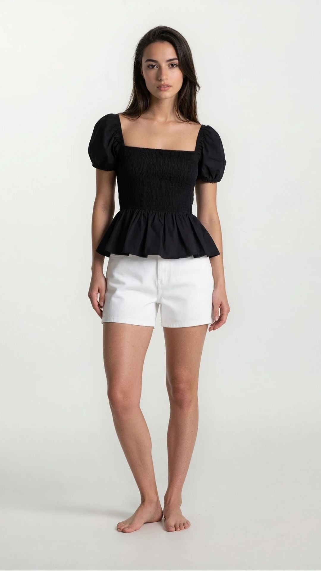 Sera – Cotton Poplin Puff Sleeve Peplum Blouse Top In Black