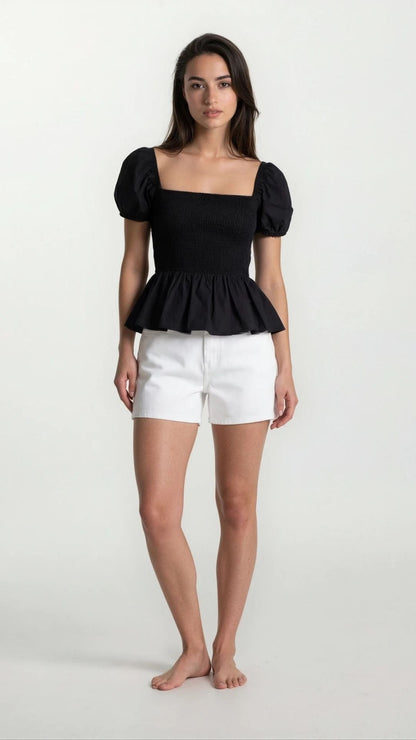 Sera – Cotton Poplin Puff Sleeve Peplum Blouse Top In Black