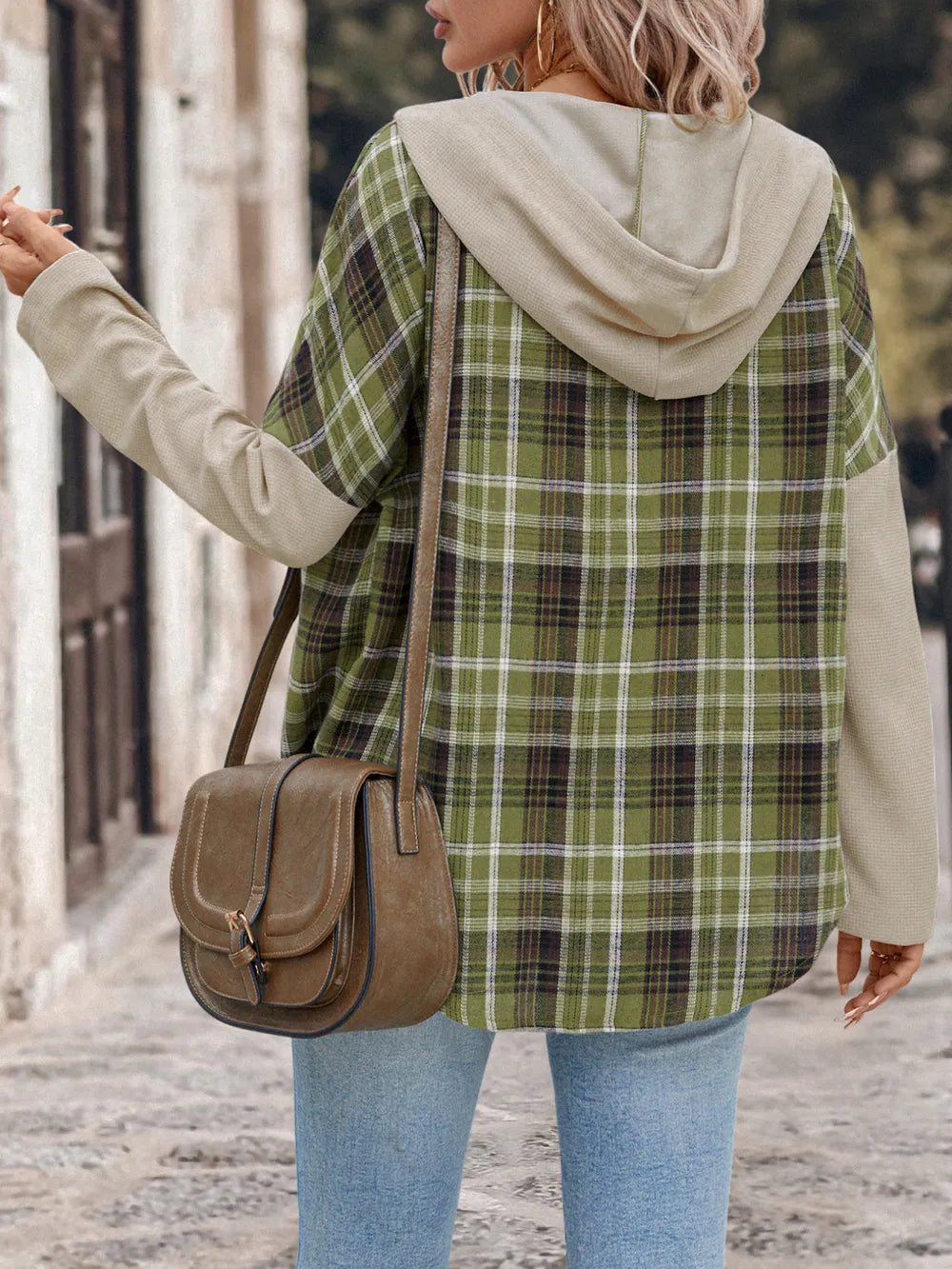 Plaid hooded shirt with contrast sleeves