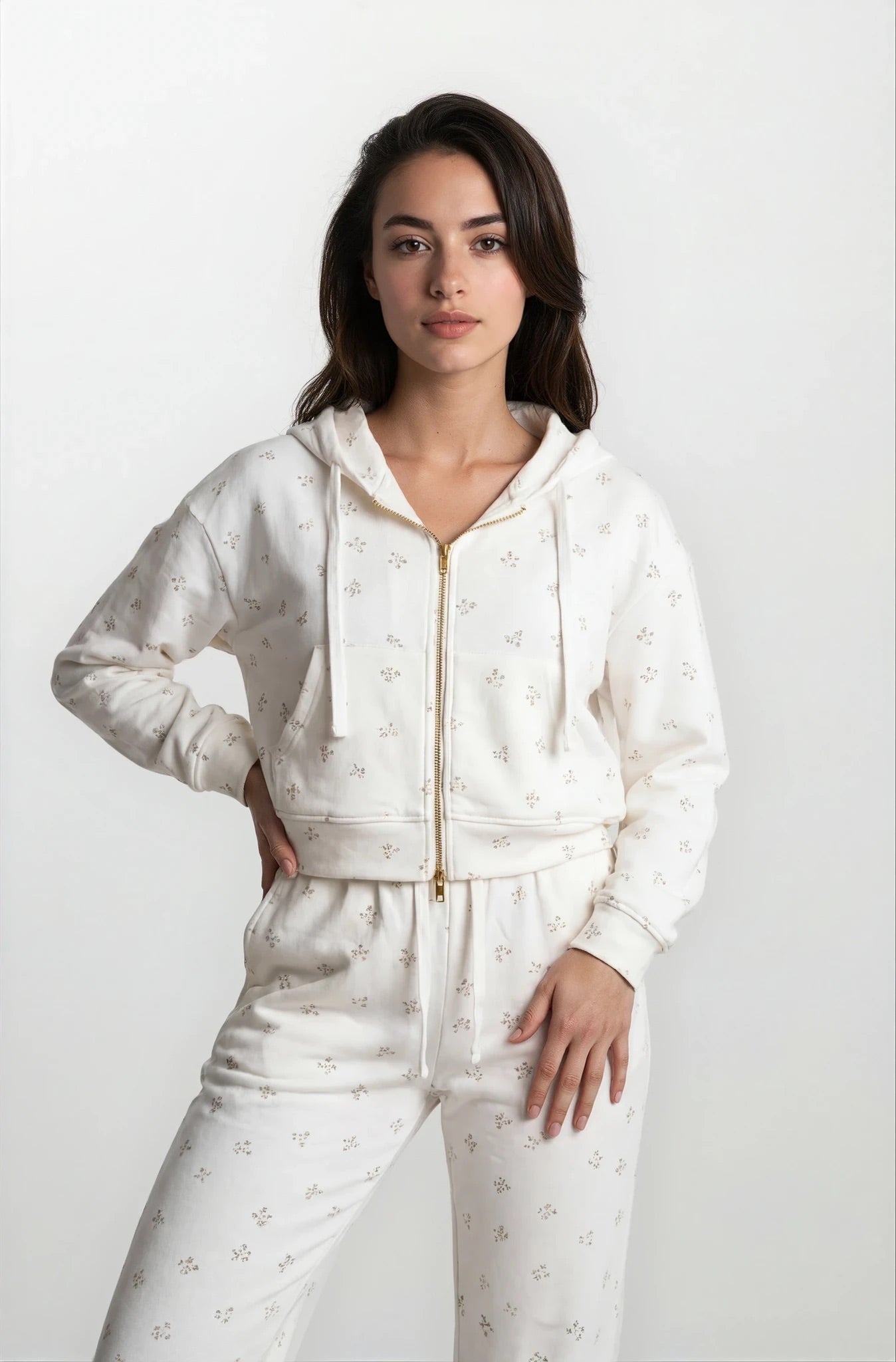 Camille – Cotton Signature Print Zip Hoodie & Jogger Leisure Set 2PC In Floral