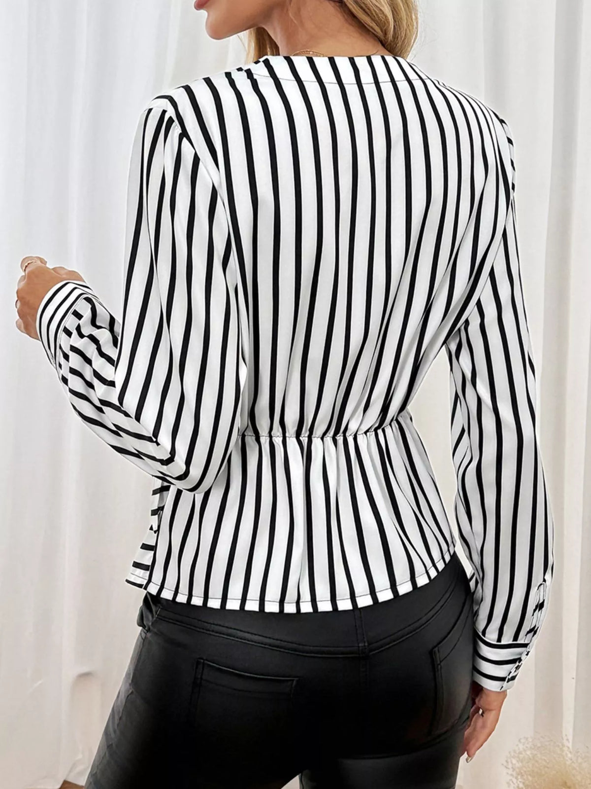 Striped crossover tie-waist blouse