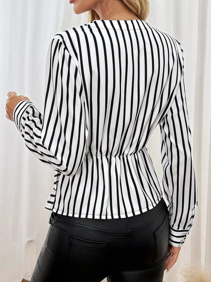 Striped crossover tie-waist blouse