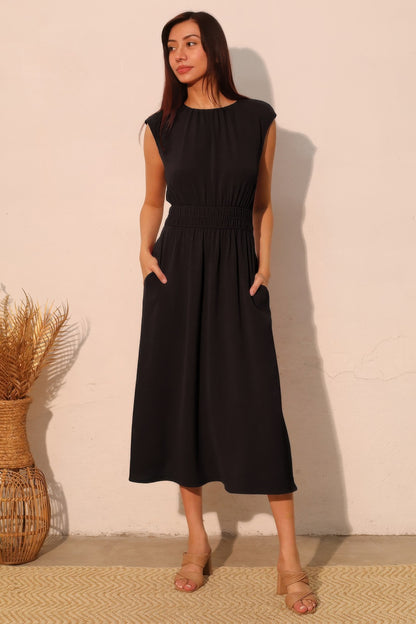 Matte Crepe Ruched Elastic Midi Dress
