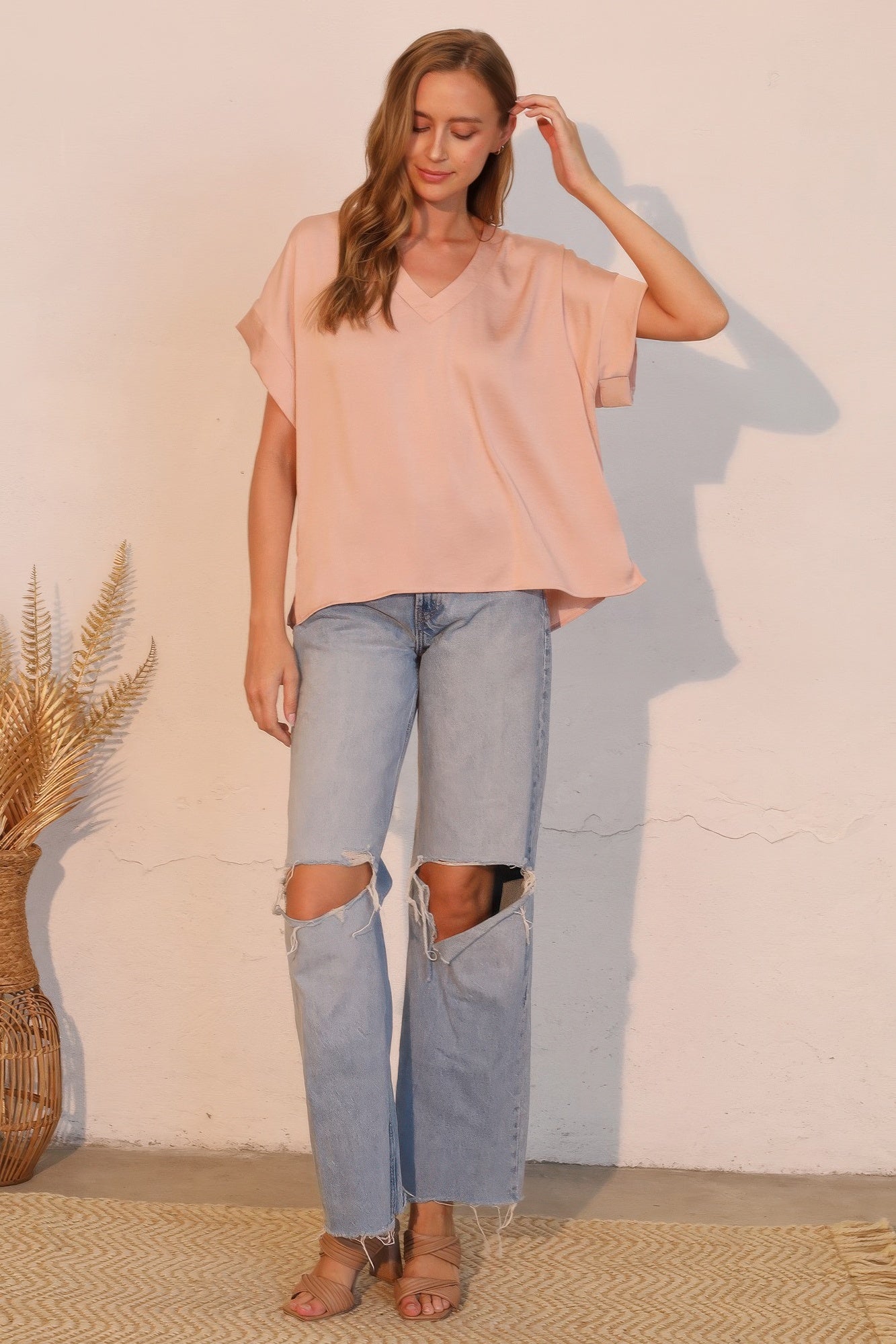 Washed Poly Silk V-neck Tee