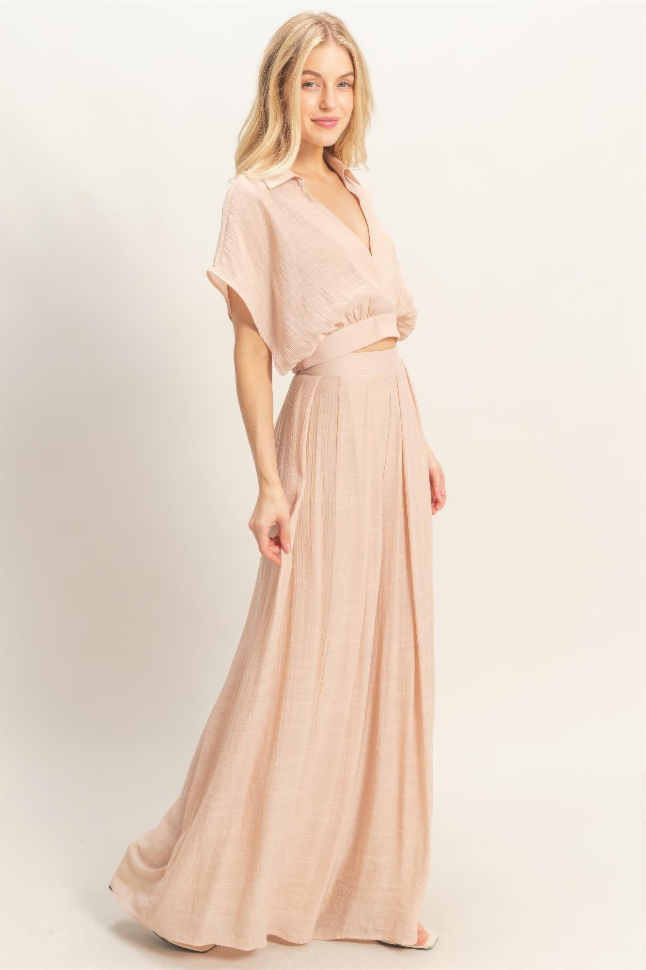Collared Wrap Top & Wide-leg Pants Set