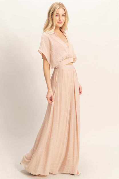 Collared Wrap Top & Wide-leg Pants Set