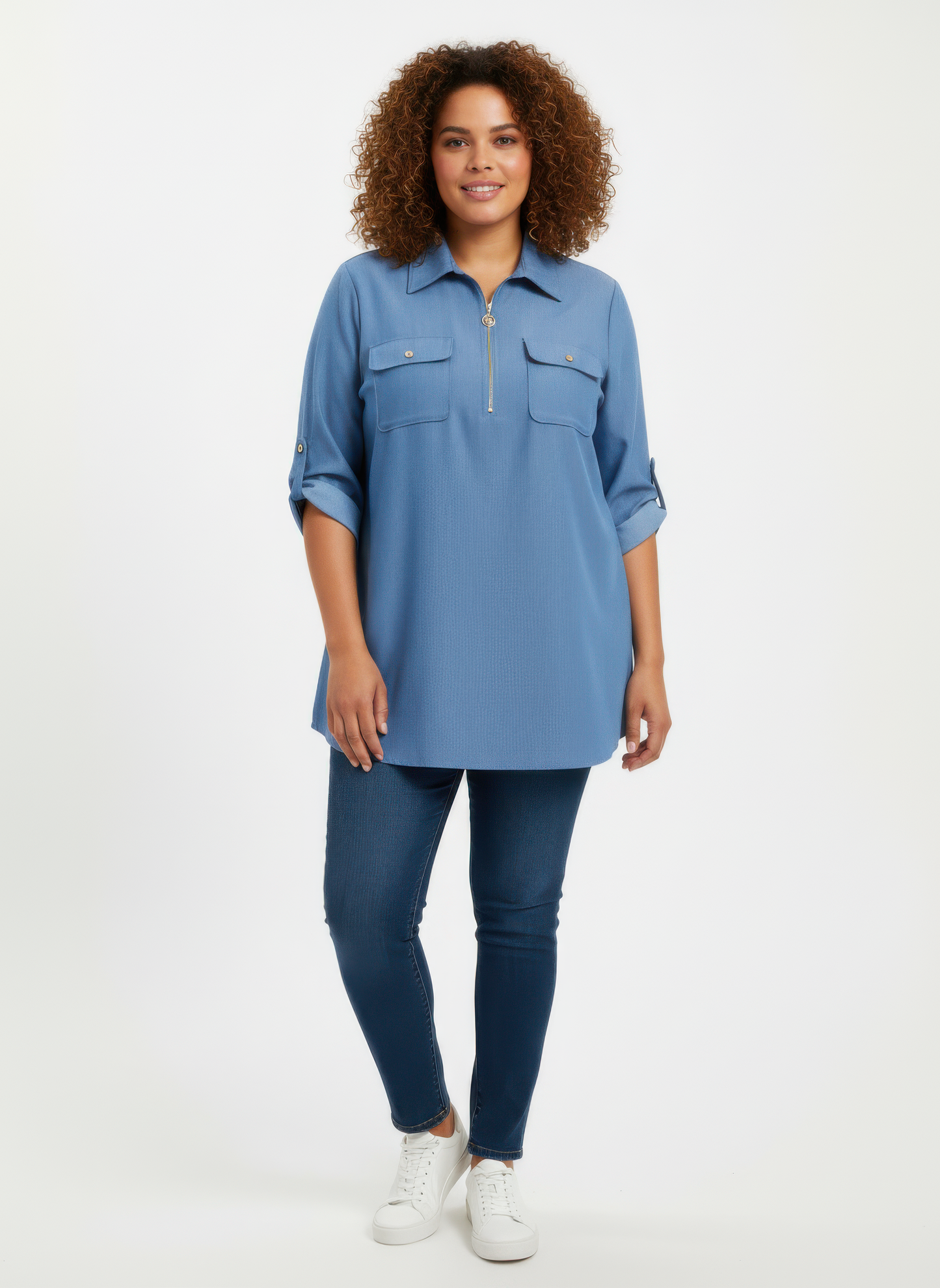 Zip Front Utility Pocket Tunic Blouse