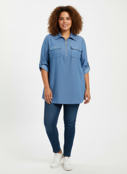 Zip Front Utility Pocket Tunic Blouse