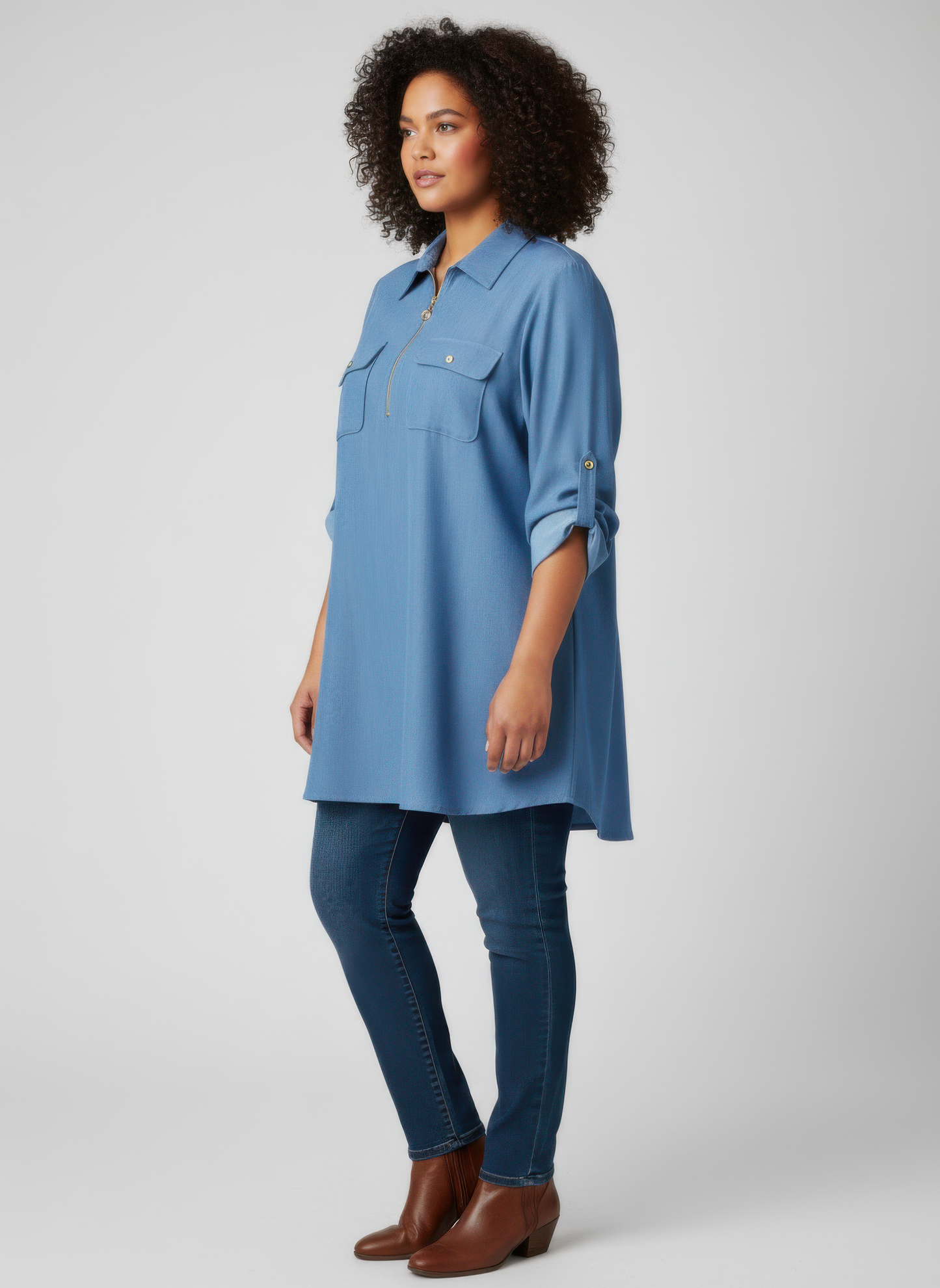 Zip Front Utility Pocket Tunic Blouse