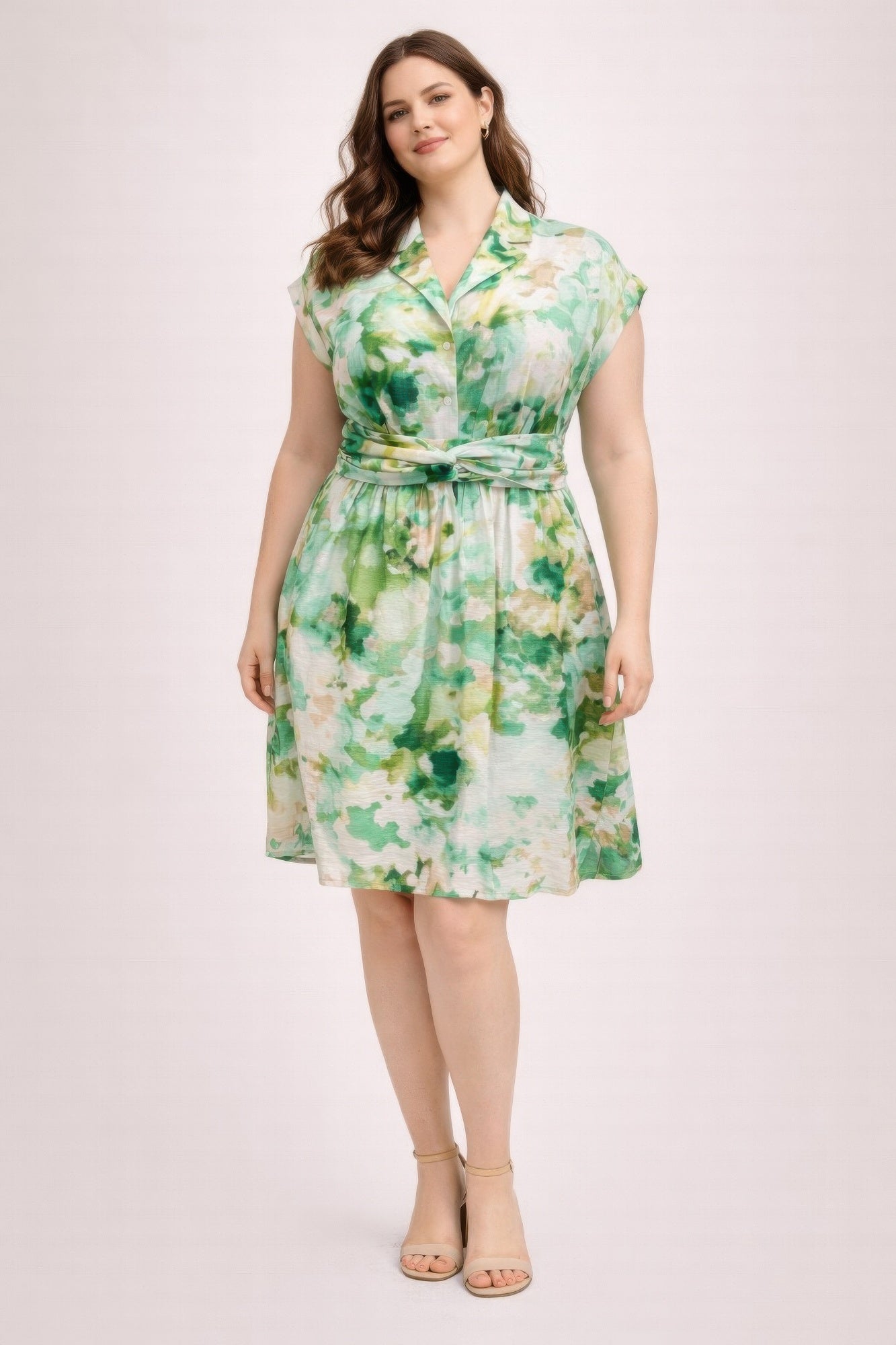 Plus Size Floral Waist Tie Shirt Dress