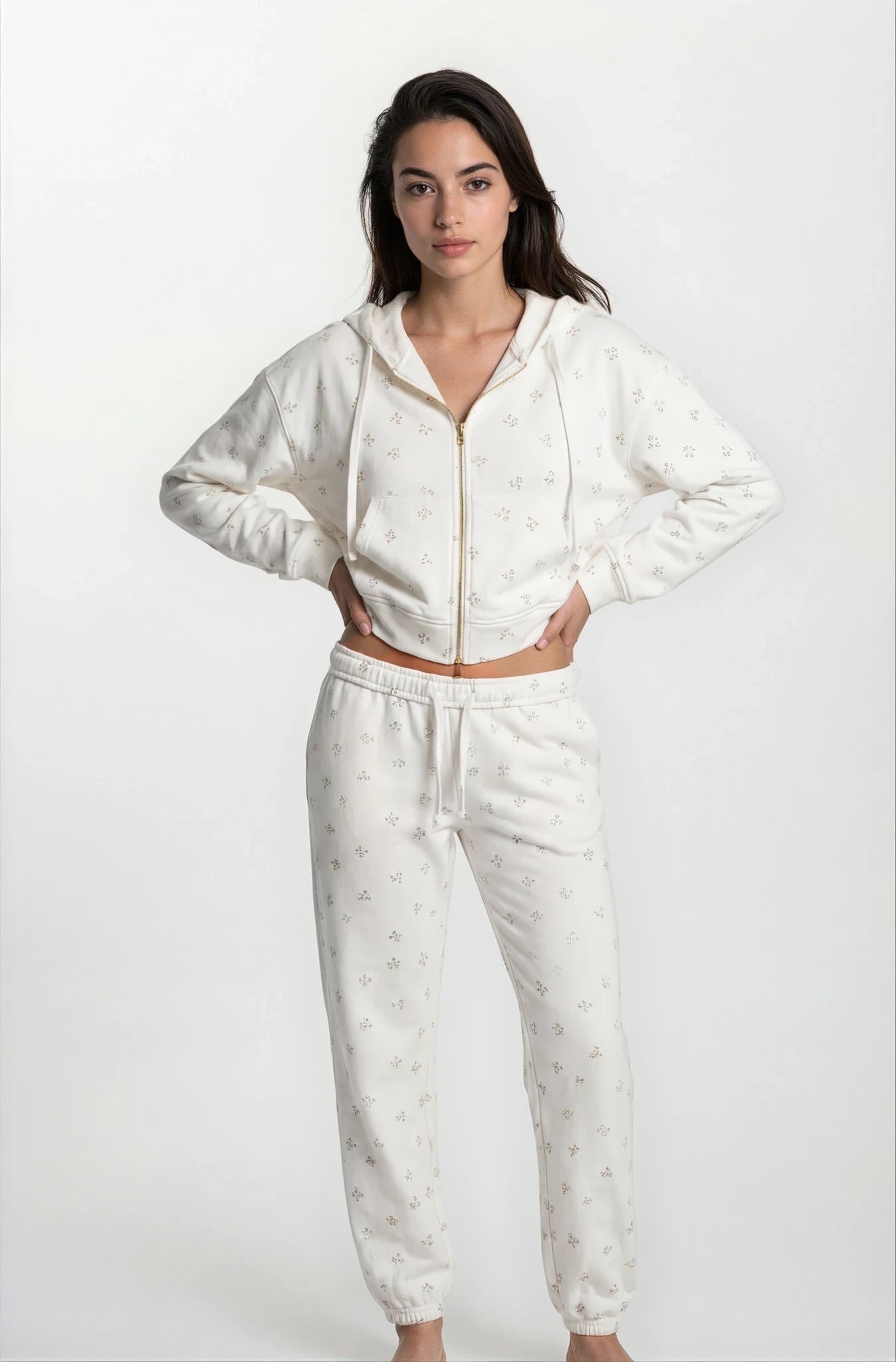 Camille – Cotton Signature Print Zip Hoodie & Jogger Leisure Set 2PC In Floral