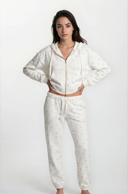 Camille – Cotton Signature Print Zip Hoodie & Jogger Leisure Set 2PC In Floral