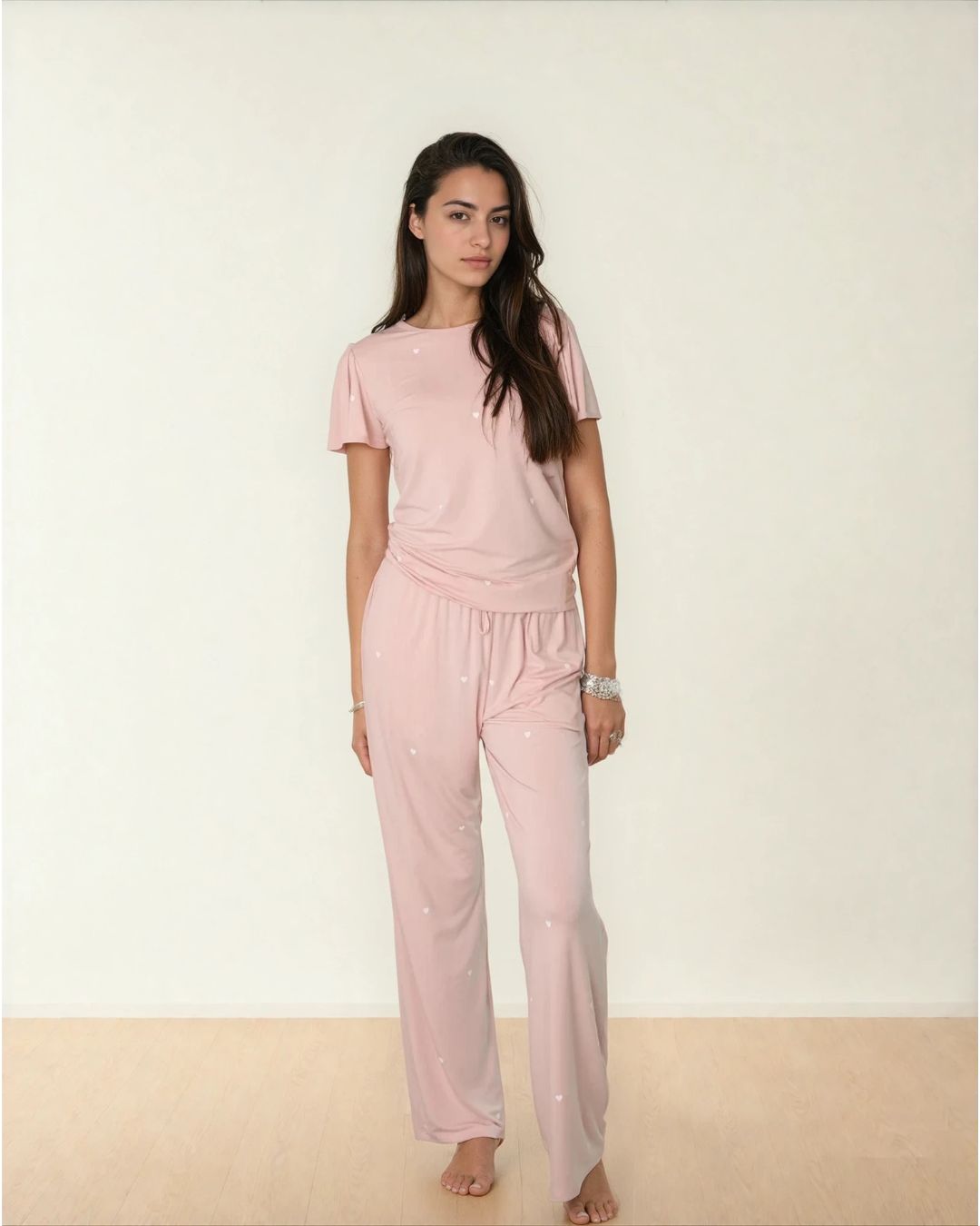 Heartfull PJ – Silky Printed Pajama Set 2PC In Blush Hearts