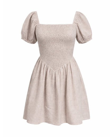 Ramona - Smocked Puff Sleeve Square Neck Dress Tan Gingham