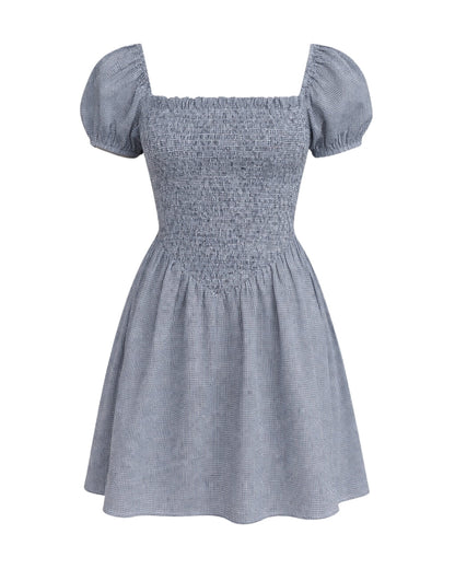 Ramona - Smocked Puff Sleeve Square Neck Dress Black Gingham