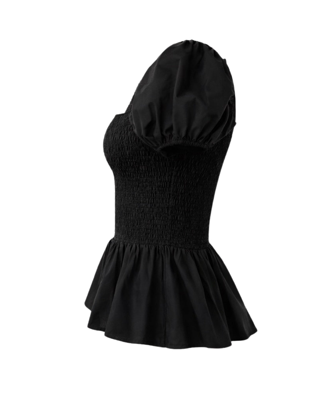 Sera – Cotton Poplin Puff Sleeve Peplum Blouse Top In Black