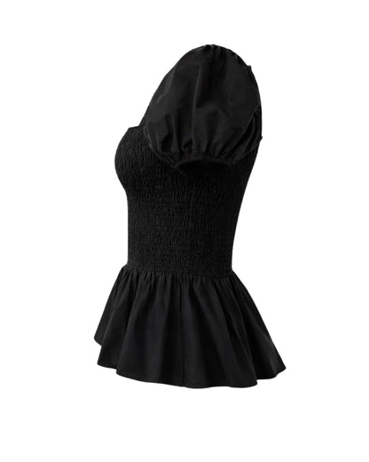 Sera – Cotton Poplin Puff Sleeve Peplum Blouse Top In Black