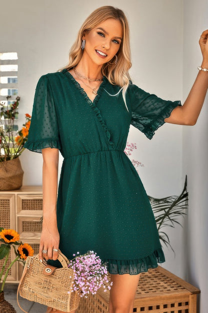Solid Ruffle Hem Swiss Dot Short Sleeve Midi Dress