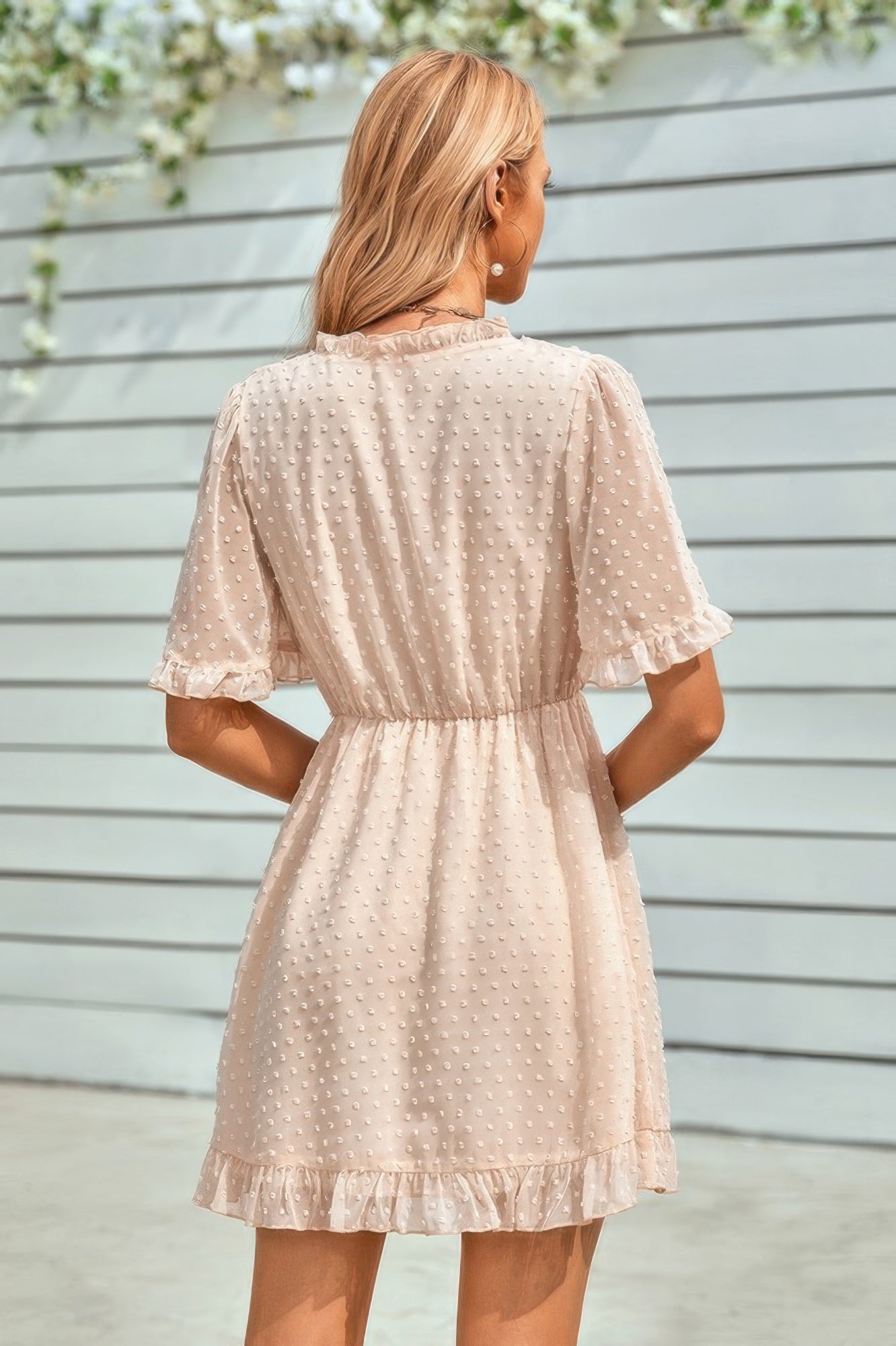 Solid Ruffle Hem Swiss Dot Short Sleeve Midi Dress